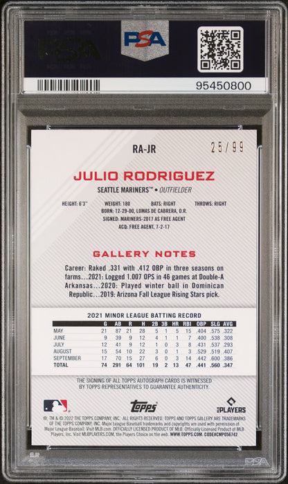 2022 Topps Gallery Julio Rodriguez #RAJR Autograph Green /99 PSA 9