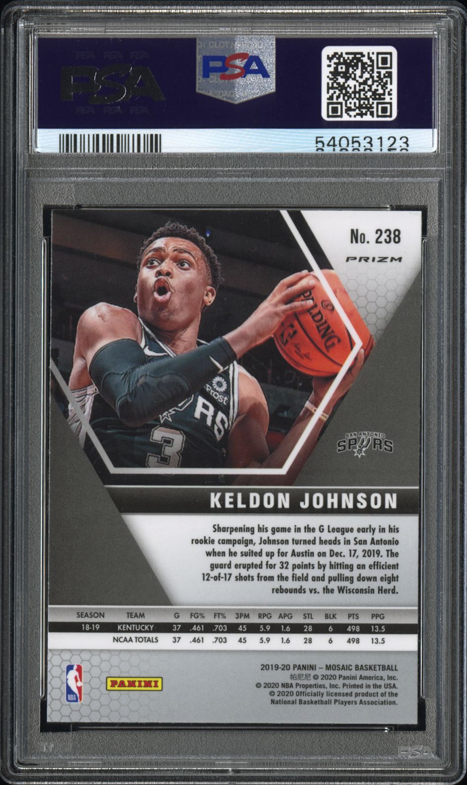 2019 Panini Mosaic Keldon Johnson #238 Genesis PSA 8