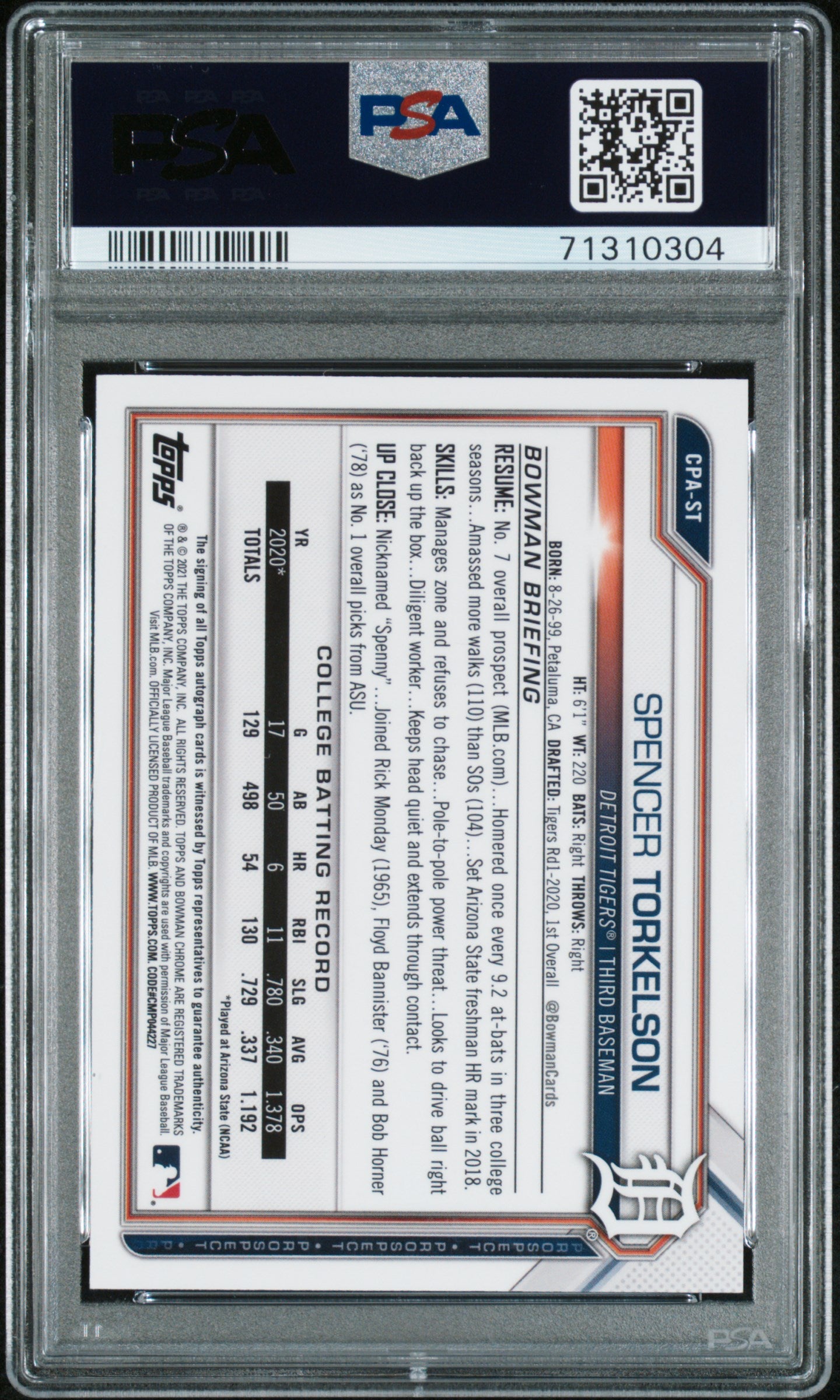 2021 Bowman Chrome Prospect Spencer Torkelson Auto Gold Refractor PSA 10