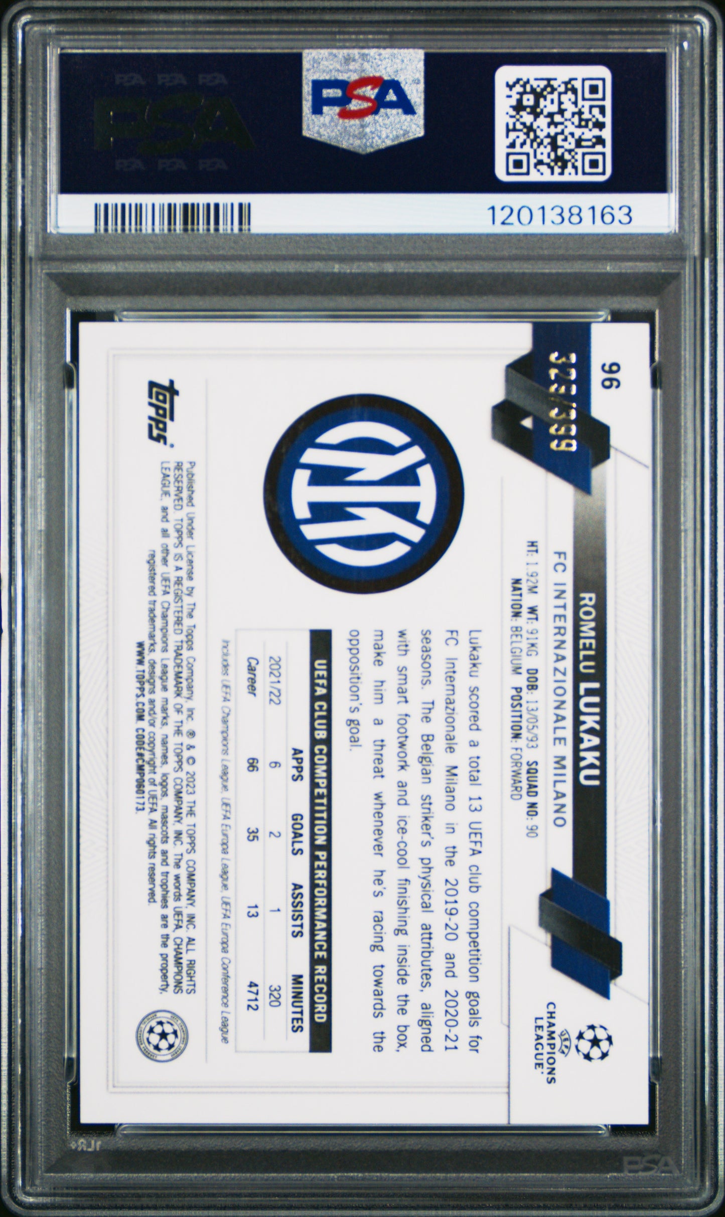 2022-23 Topps Chrome UEFA Romelu Lukaku #96 Neon Green X-Fractor 329/399 PSA 9