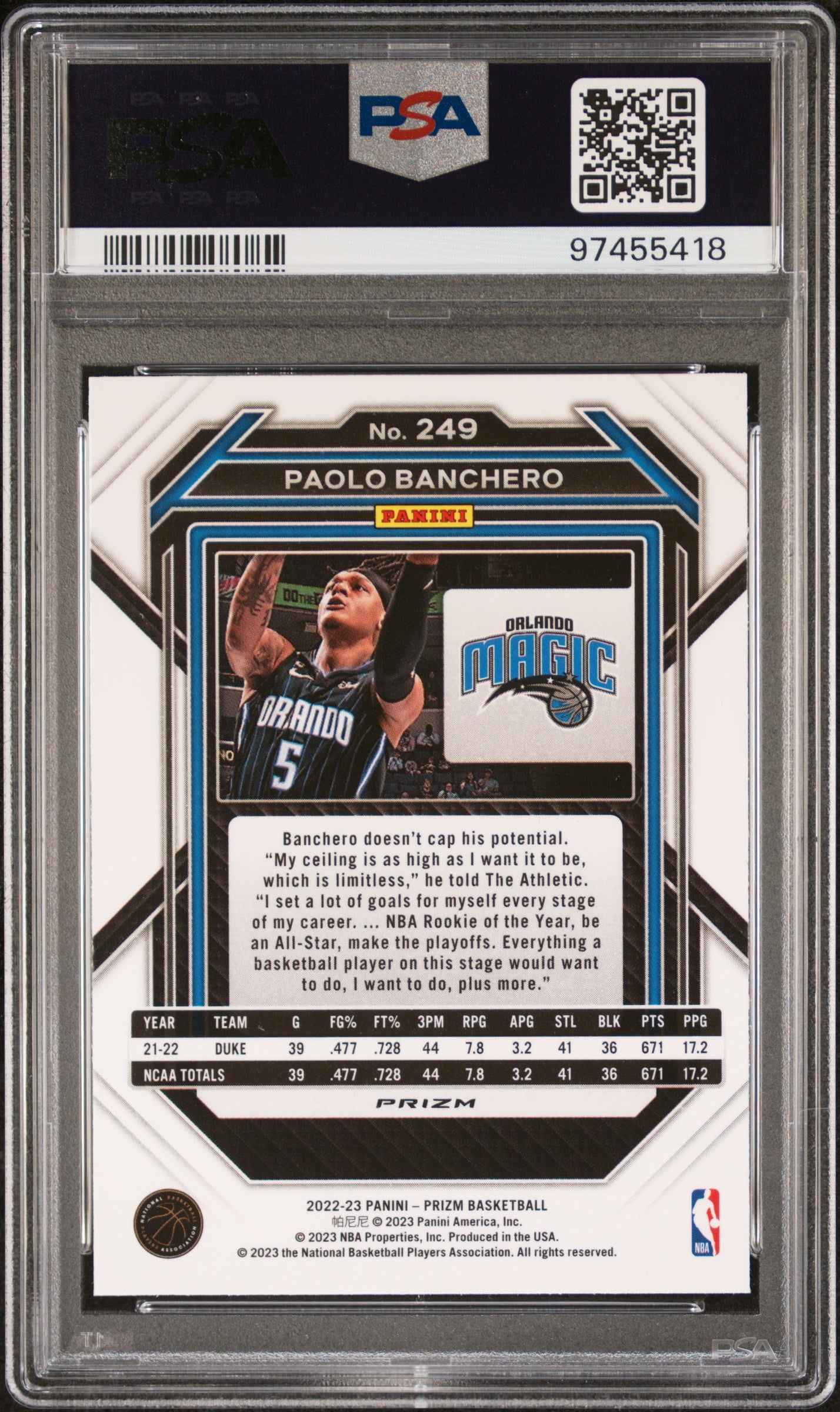 2022 Panini Prizm Paolo Banchero #249 Green Prizm Rookie PSA 9