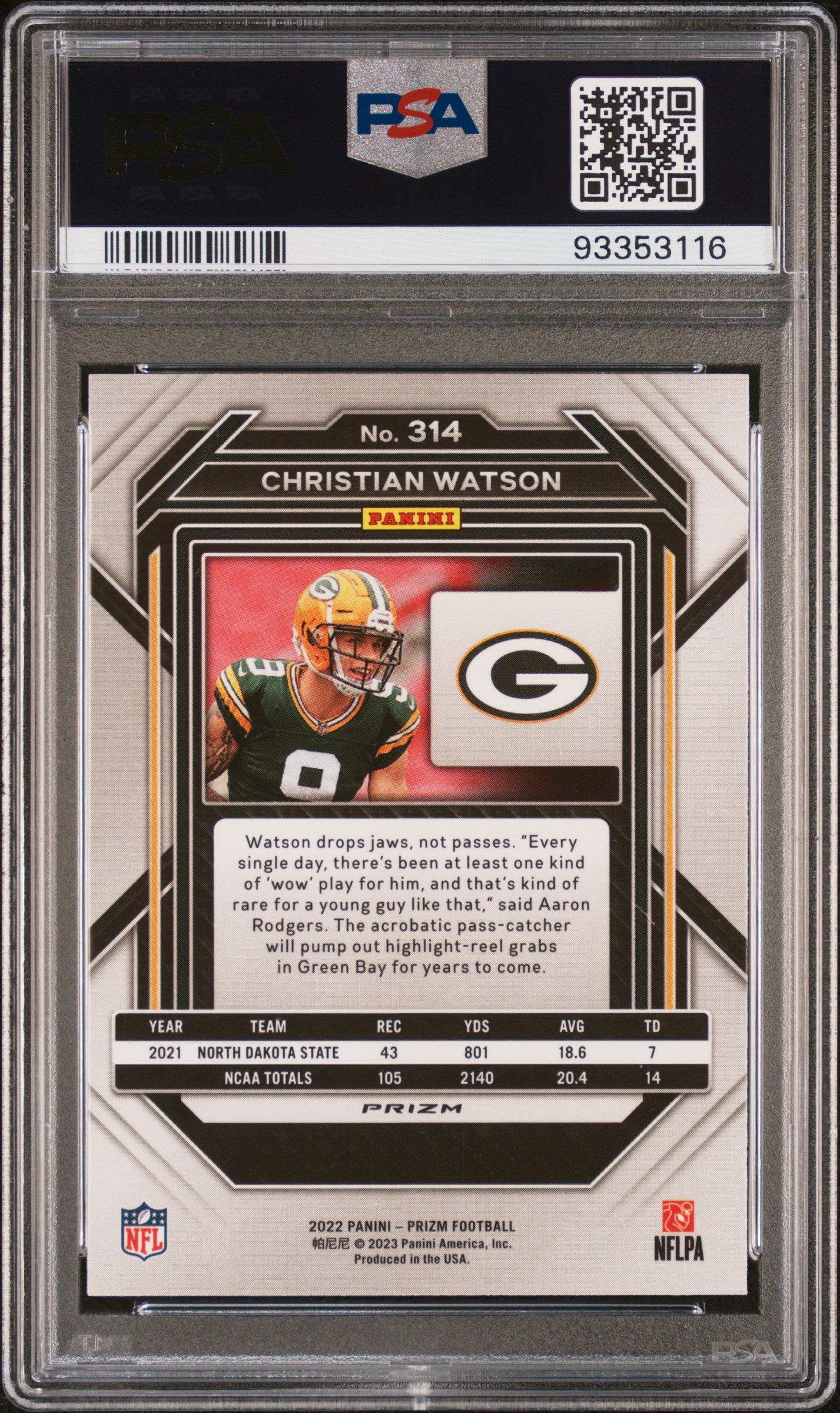 2022 Panini Prizm Christian Watson #314 Silver Prizm PSA 9