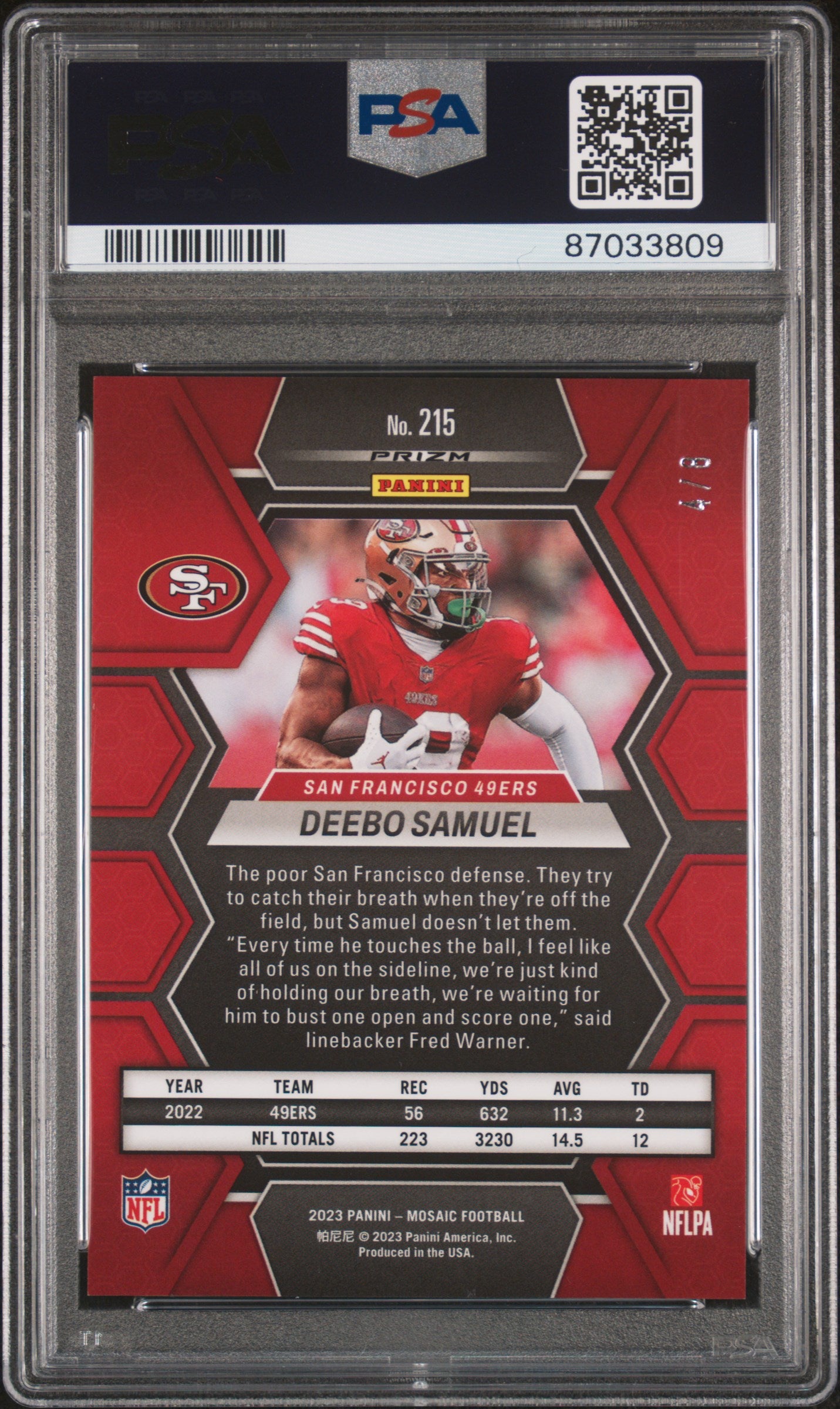 2023 Panini Mosaic Deebo Samuel #215 Black Gold Choice /8 PSA 10