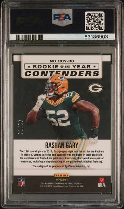 2019 Panini Contenders Optic Rashan Gary #RG Roy Contenders Auto Blue /75 PSA 8