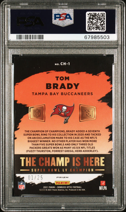 2021 Panini Donruss Optic Tom Brady The Champ Is Here Black Pandora /25 PSA 9