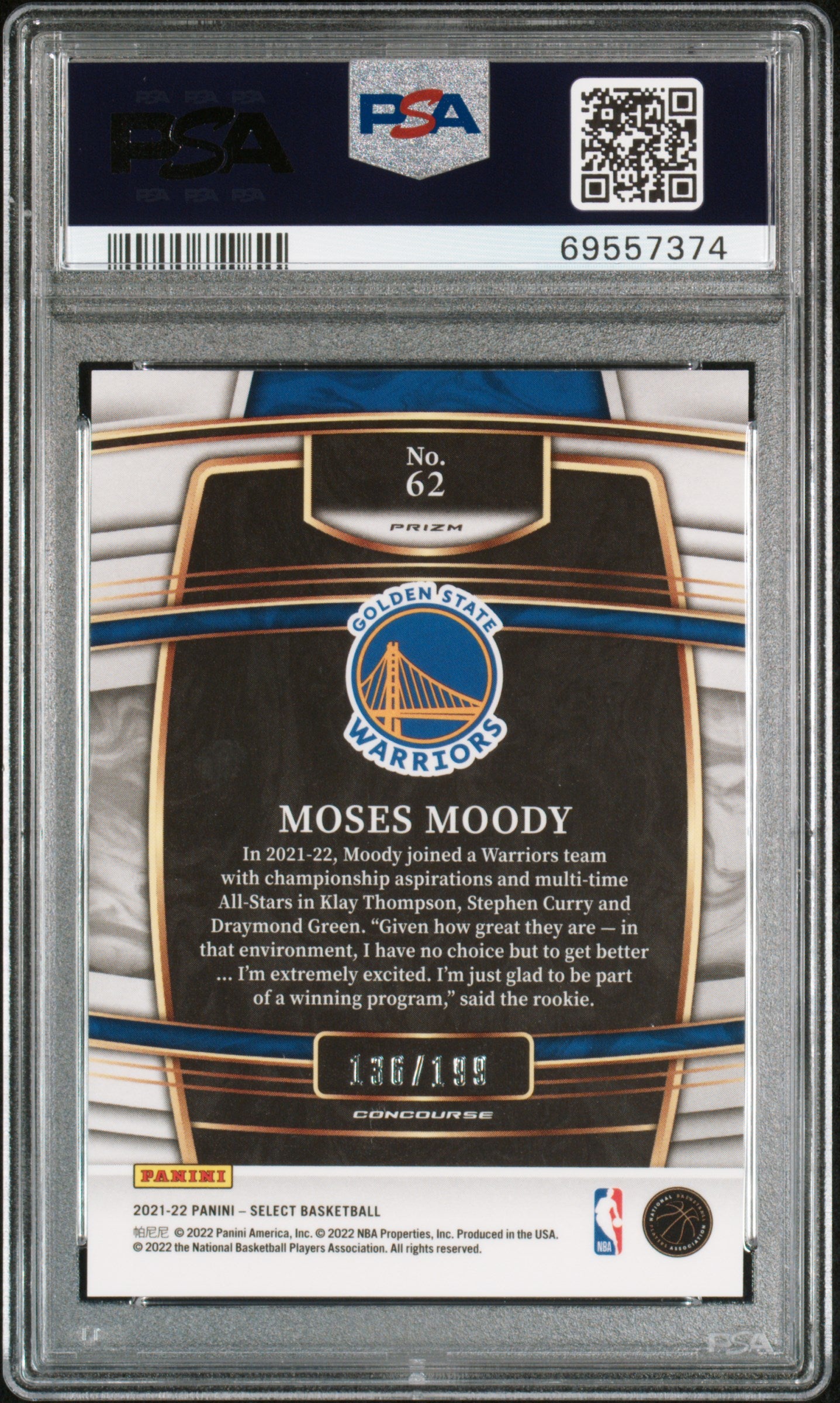 2021 Panini Select Moses Moody #62 Red Prizm /199 PSA 9