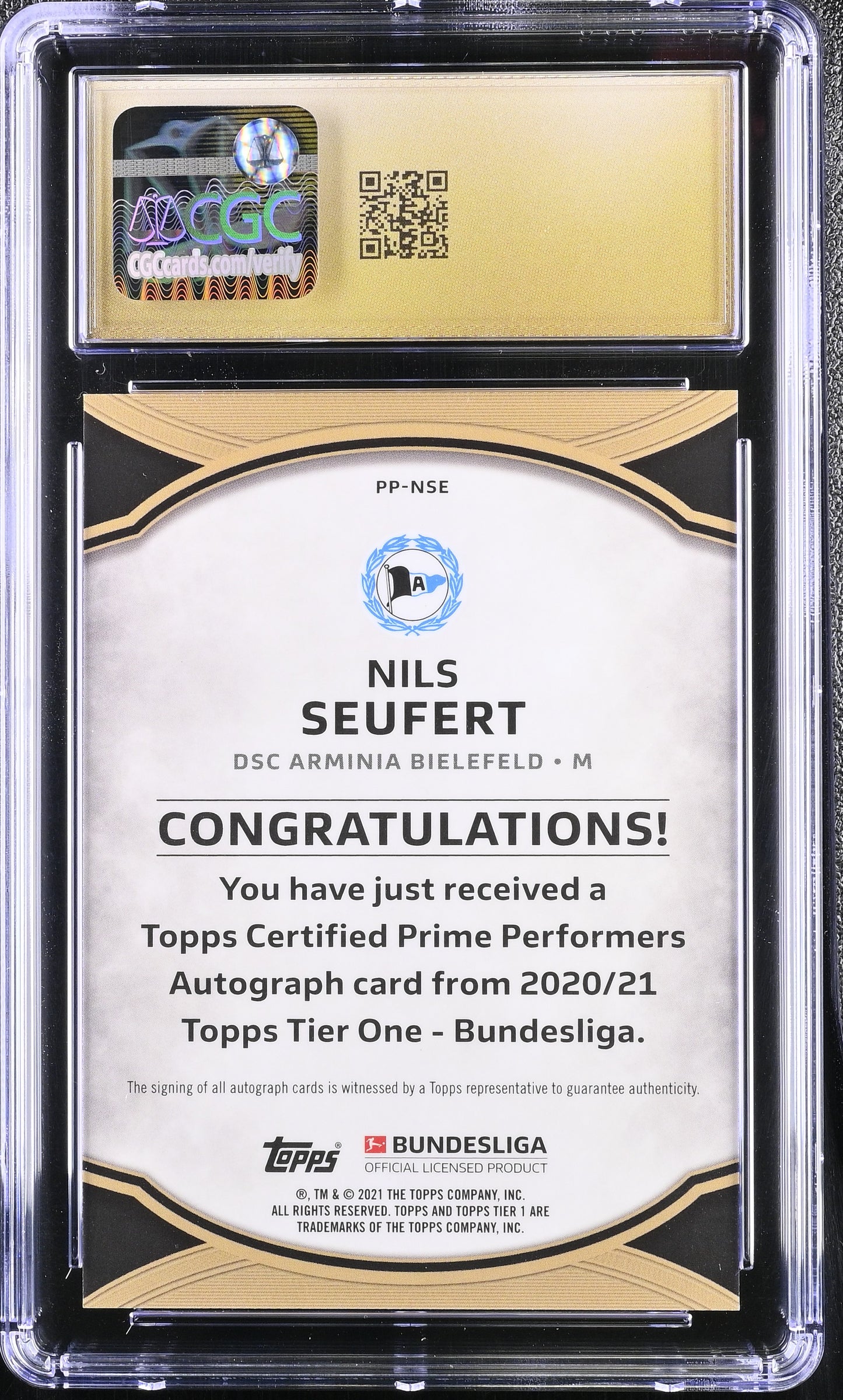 2020-21 Topps Tier One Bundesliga Nils Seufert Prime Performers Auto CGC 10