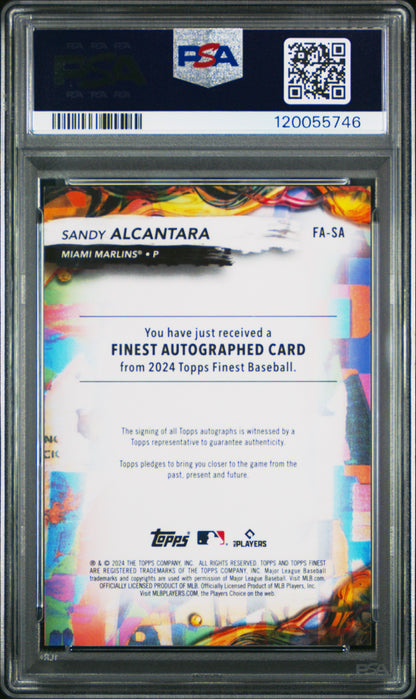 2024 Topps Finest Sandy Alcantara #FA-SA Green Refractor Auto 07/75 PSA 9