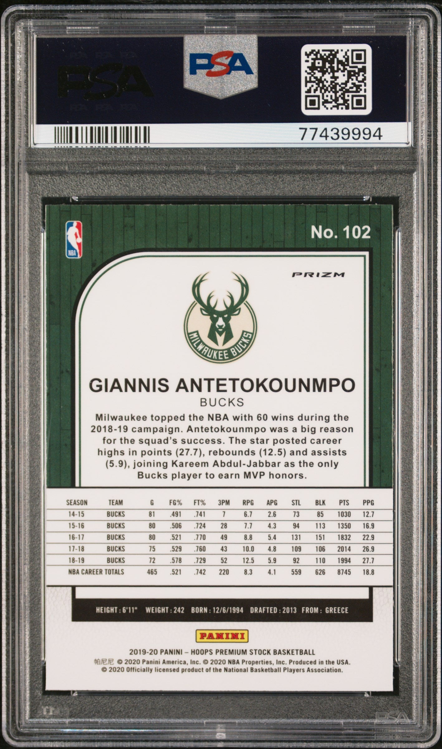 2019 Panini Hoops Premium Stock G. Antetokounmpo #102 Silver Scope PSA 10