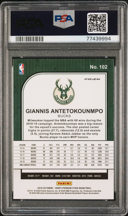 2019 Panini Hoops Premium Stock G. Antetokounmpo #102 Silver Scope PSA 10