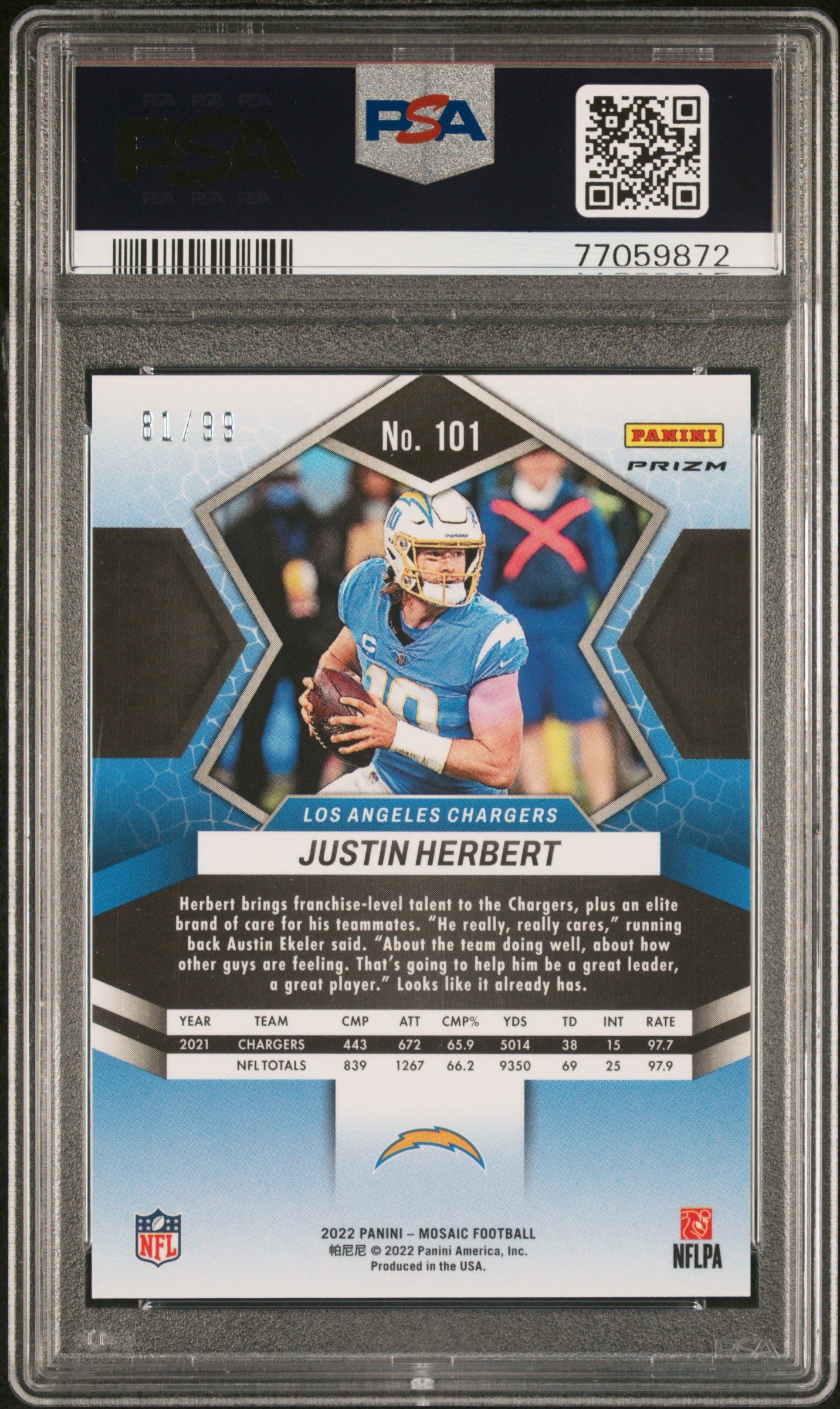 2022 Panini Mosaic Justin Herbert #101 Blue Mosaic /99 PSA 10