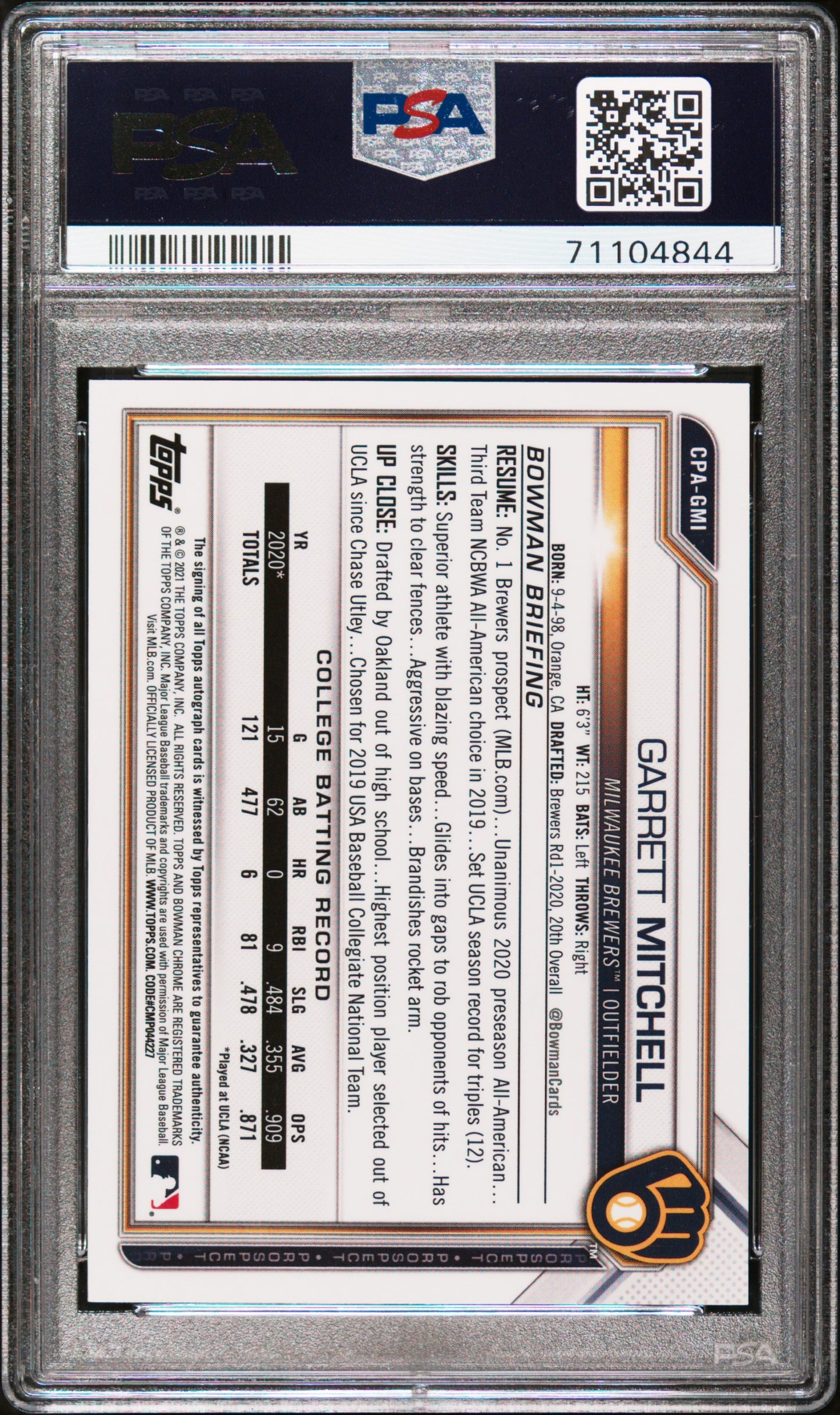 2021 Bowman Chrome Prospect Autographs Garrett Mitchell Green Shmr. PSA 9