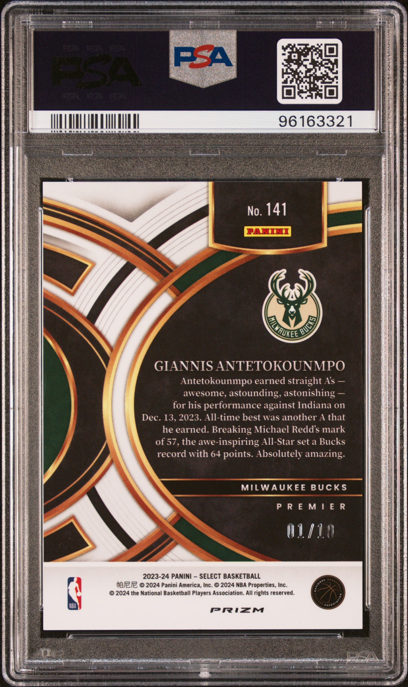 2023 Panini Select Giannis Antetokounmpo #141 Gold Cracked Ice /10 PSA 10