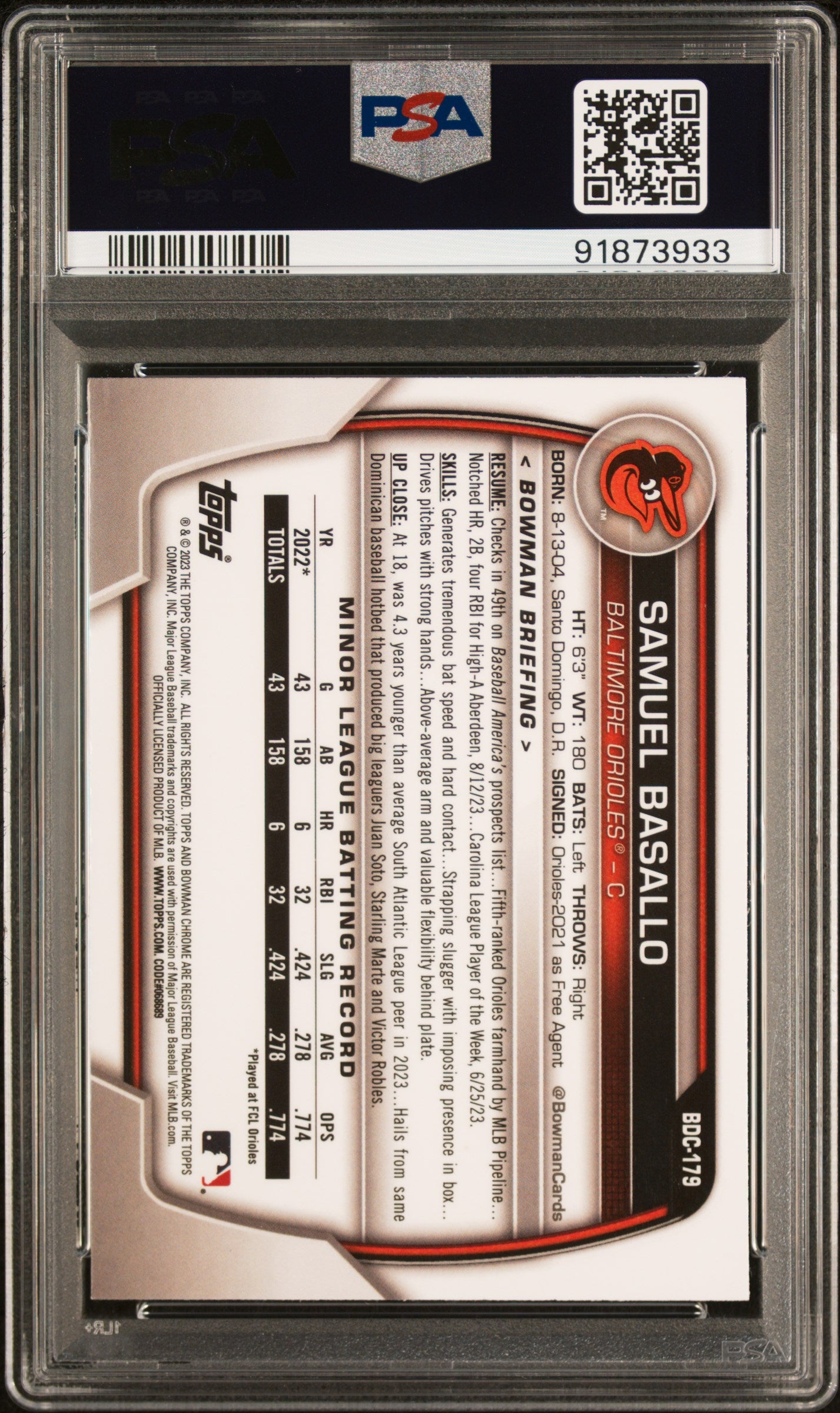 2023 Bowman Draft Samuel Basallo #BDC179 Chrome Sparkle PSA 10