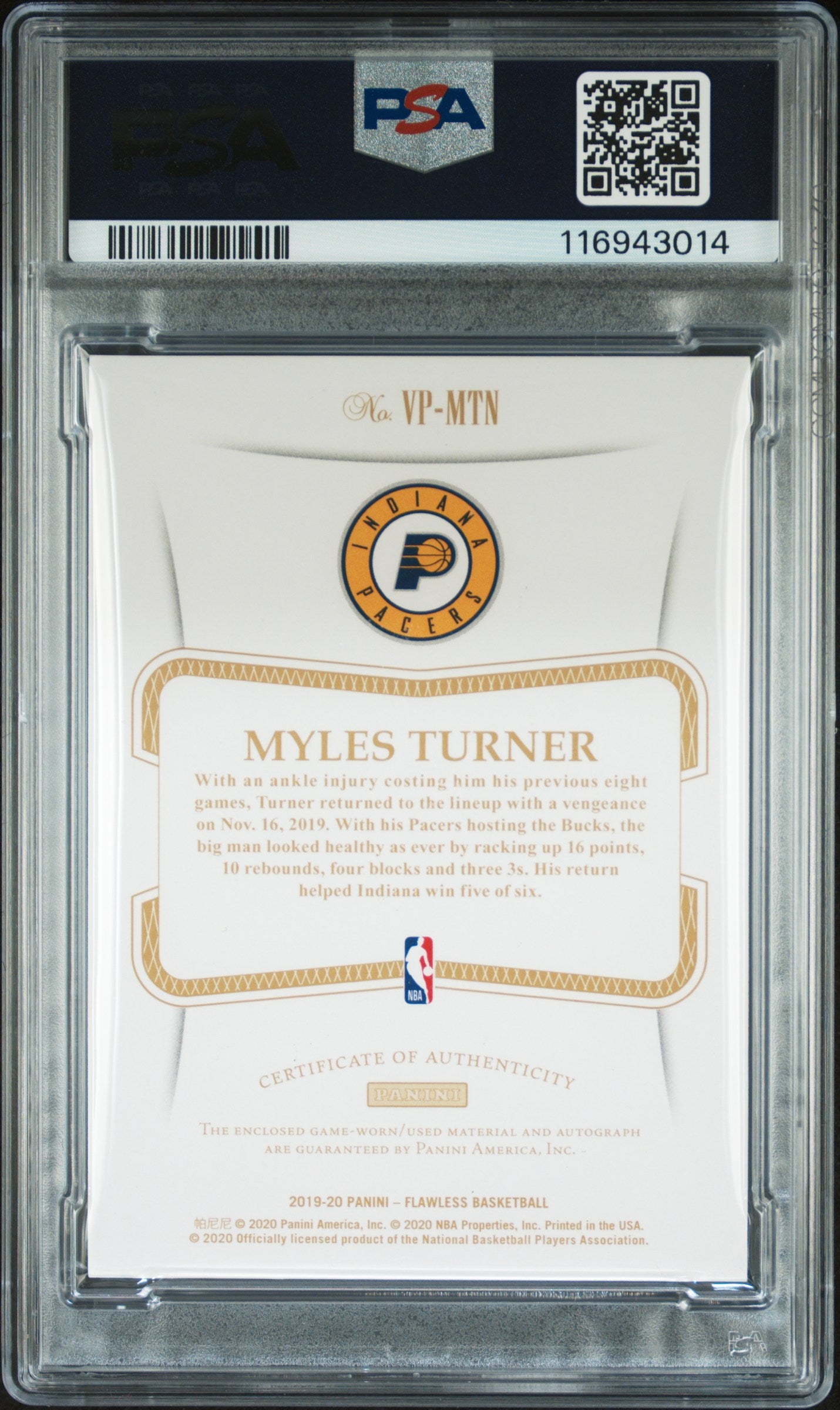 2019-20 Panini Flawless Myles Turner #VP-MTN Patch Auto Ruby 05/15 PSA 8 JC