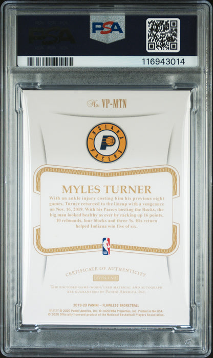 2019-20 Panini Flawless Myles Turner #VP-MTN Patch Auto Ruby 05/15 PSA 8 JC