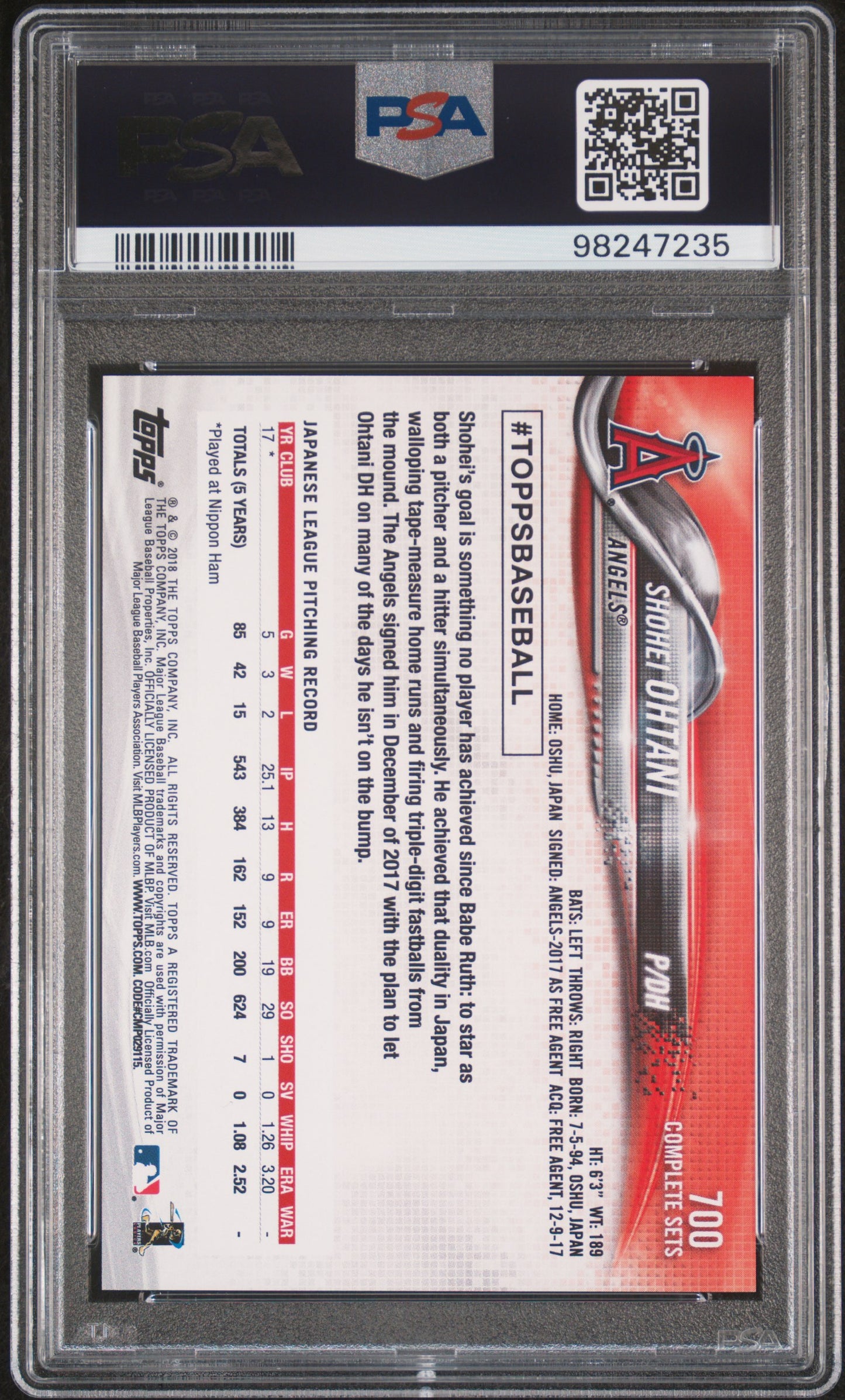 2018 Topps Complete Set Shohei Ohtani #700 Retail PSA 9