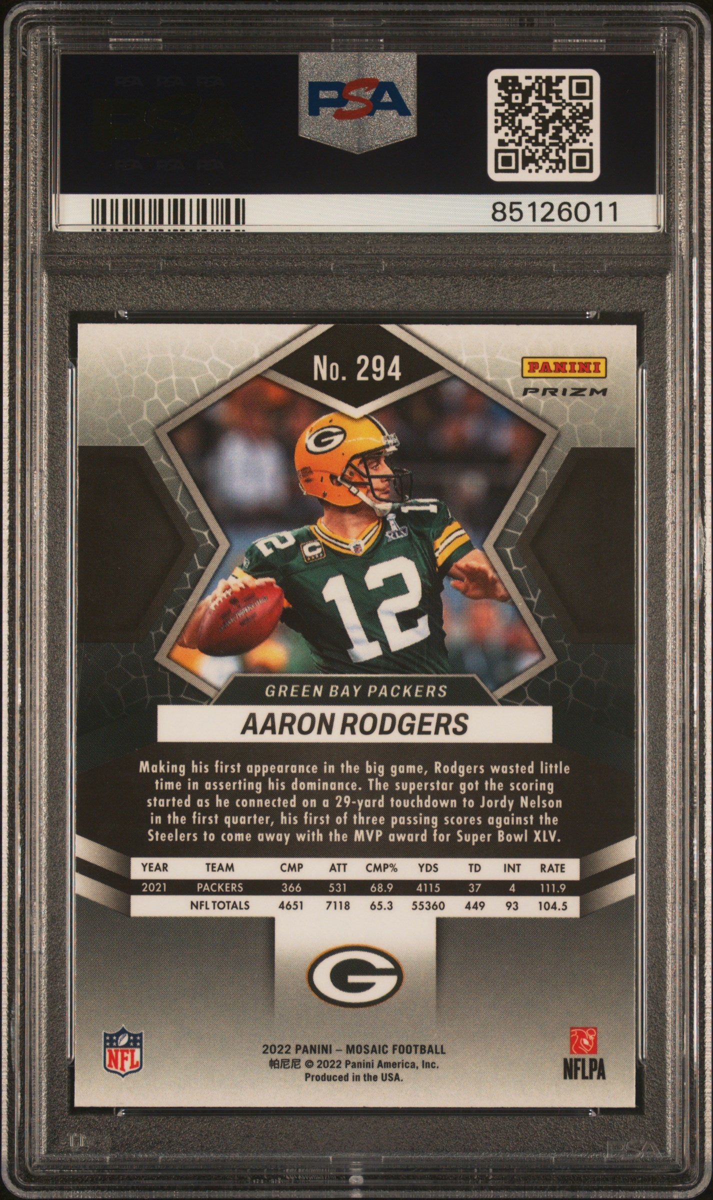 2022 Panini Mosaic Aaron Rodgers #294 Green Sparkle Short Print PSA 10