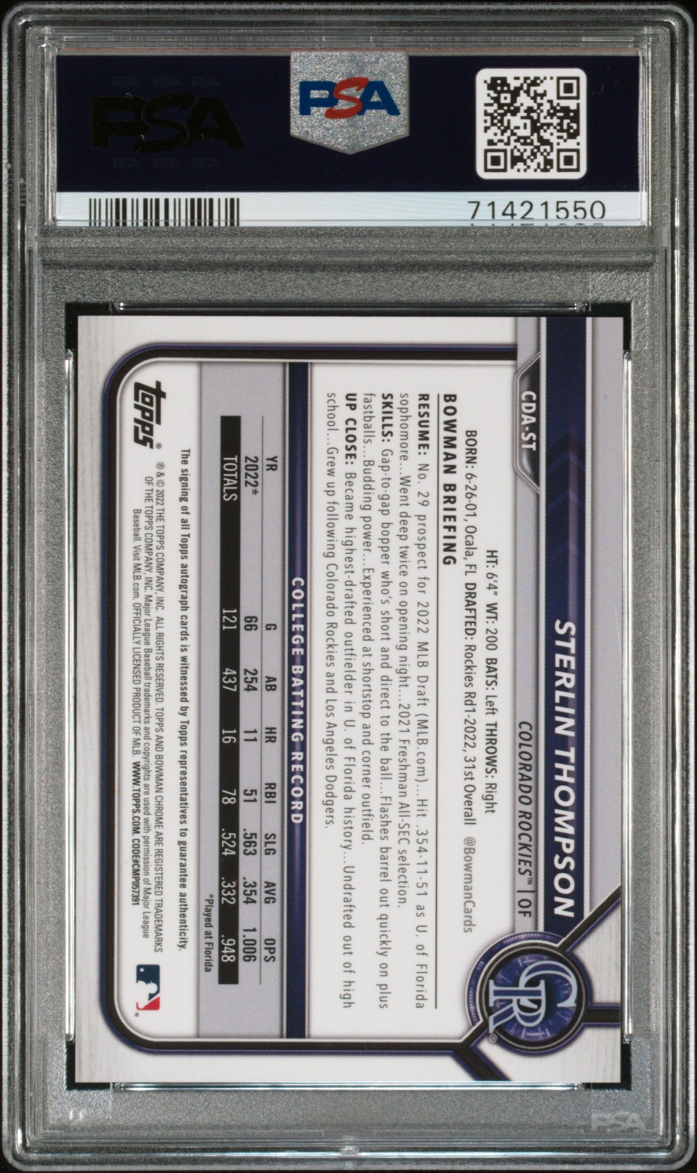 2022 Bowman Draft Chrome Autographs Sterlin Thompson Auto Purple RF. PSA 9