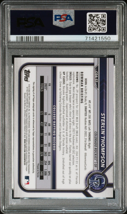 2022 Bowman Draft Chrome Autographs Sterlin Thompson Auto Purple RF. PSA 9