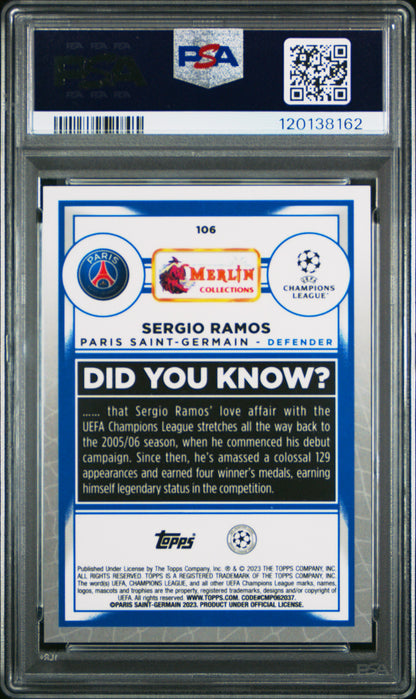 2022-23 Topps Merlin UEFA Sergio Ramos #106 Neon Green Shimmer 017/350 PSA 10