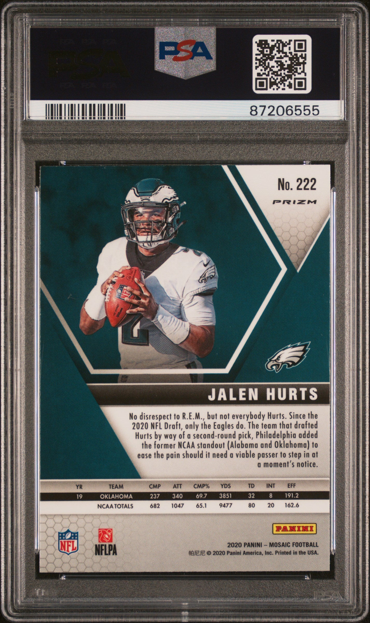 2020 Panini Mosaic Jalen Hurts #222 Reactive Green Rookie PSA 10