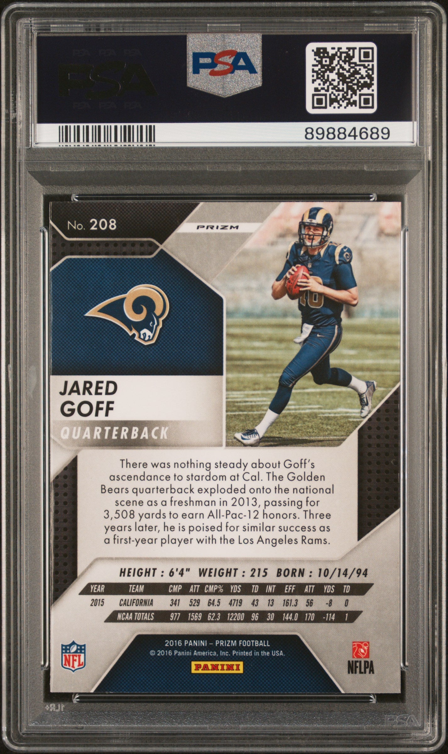 2016 Panini Prizm Jared Goff #208 Silver Prizm Rookie PSA 10