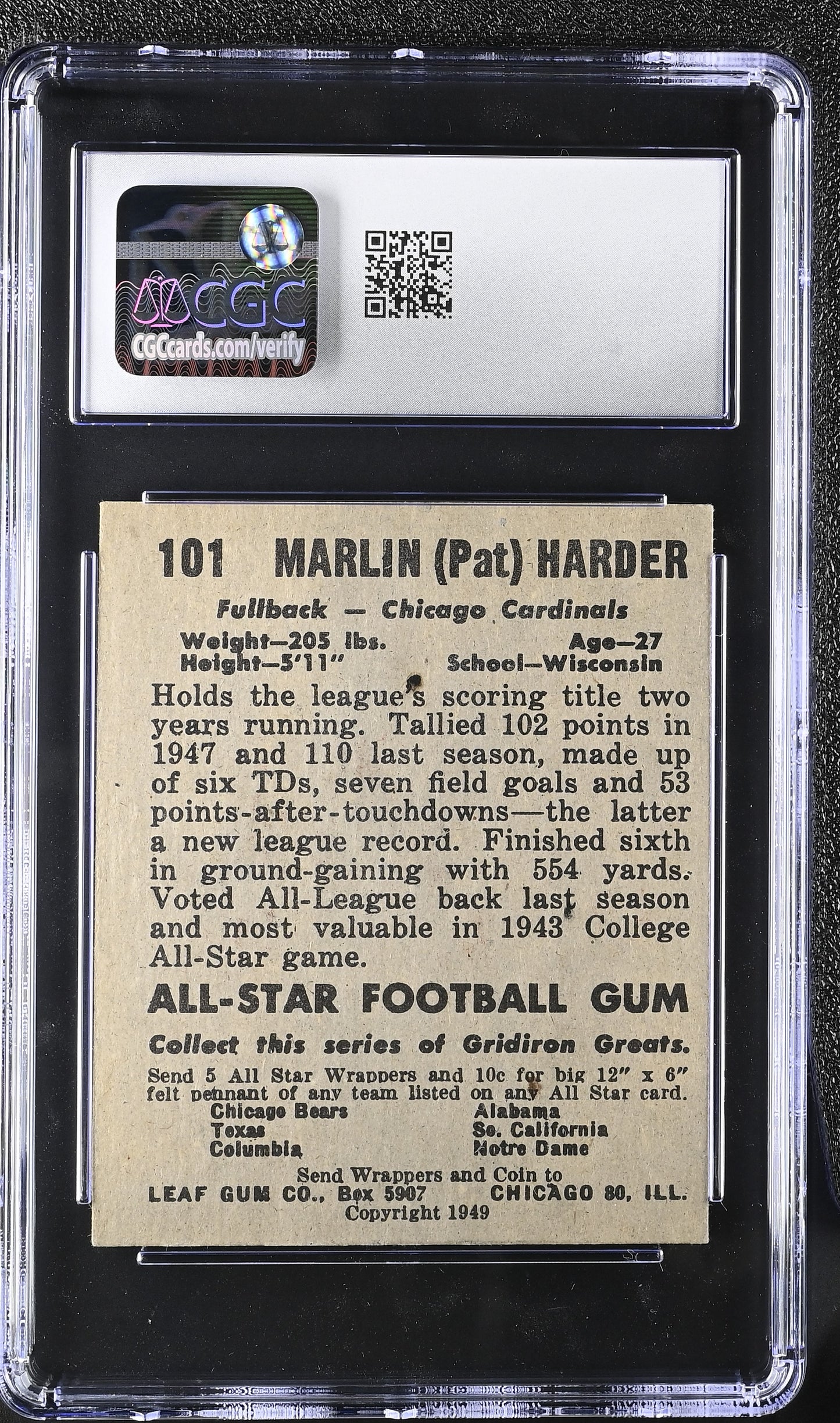 1949 Leaf Marlin Pat Harder #101 CGC 6