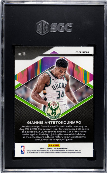 2020-21 Panini Prizm Giannis Antetokounmpo #15 Fearless Silver Prizm SGC 10