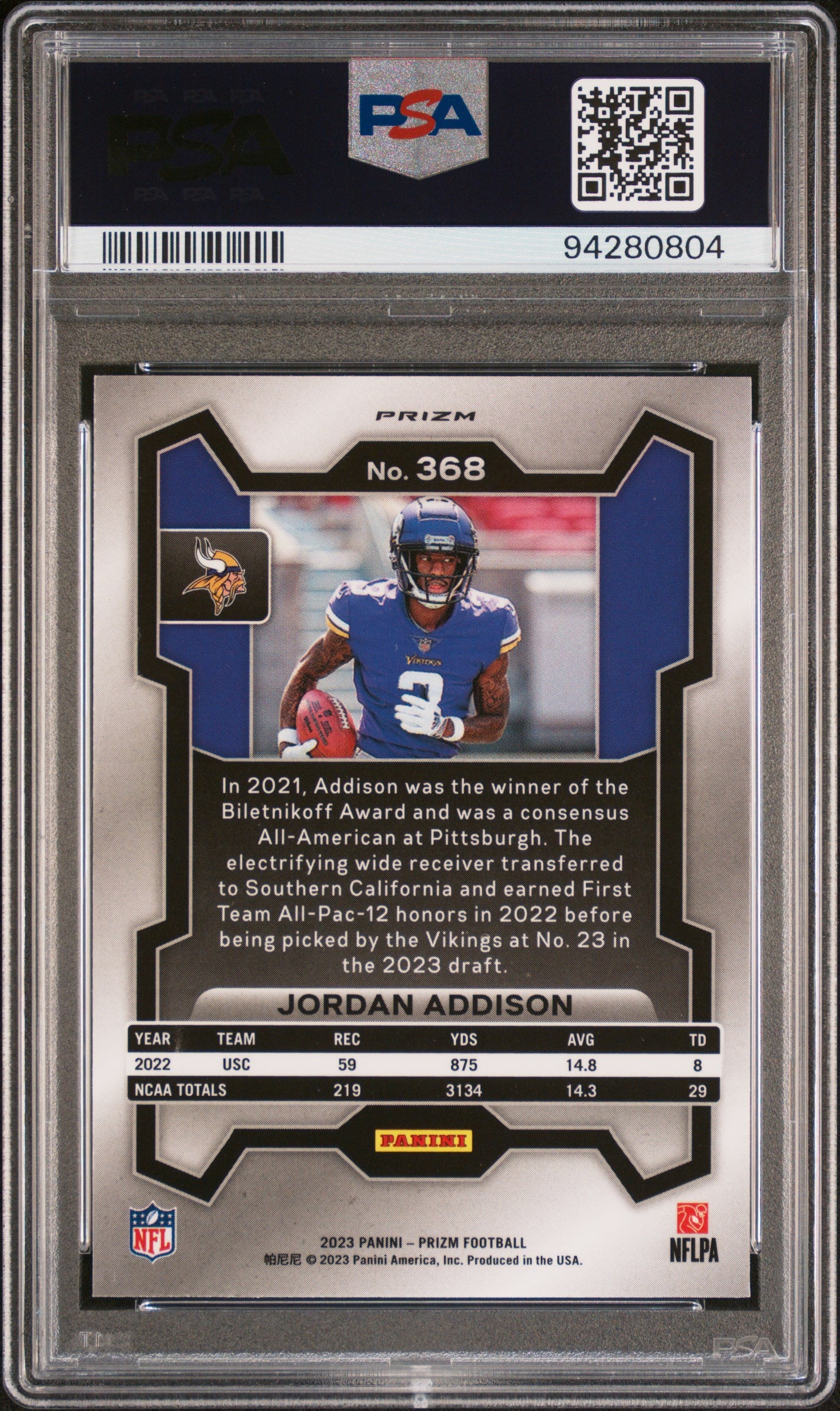 2023 Panini Prizm Jordan Addison #368 Silver Rookie PSA 10