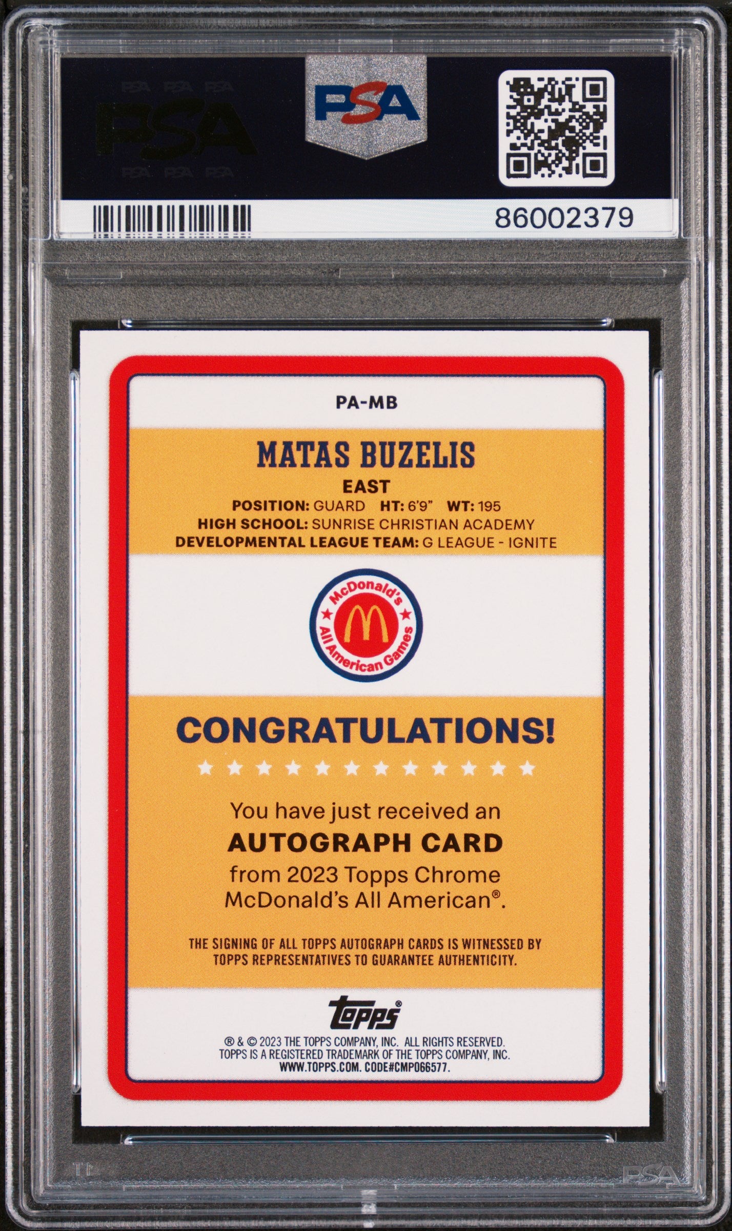 2023 Topps Chrome Mcdonald's AA Gameday Paper Auto Matas Buzelis PSA 8