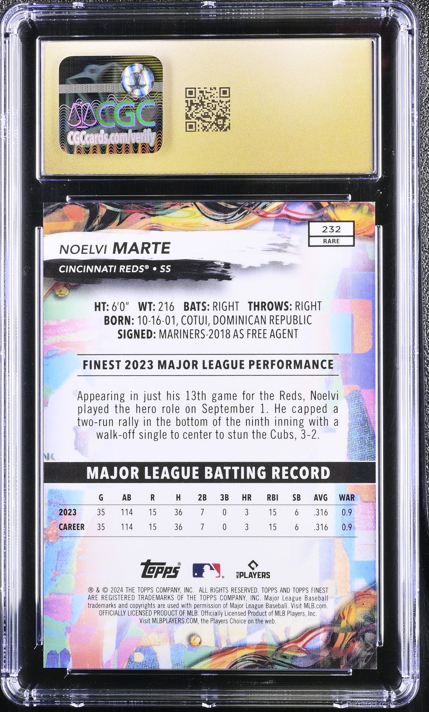 2024 Topps Finest Noelvi Marte #232 Sky Blue Refractor CGC 10