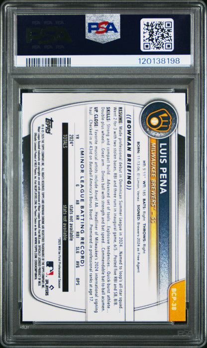 2025 Bowman Luis Pena #BCP-38 Yellow Wave 1st Bowman Chrome 71/75 PSA 10