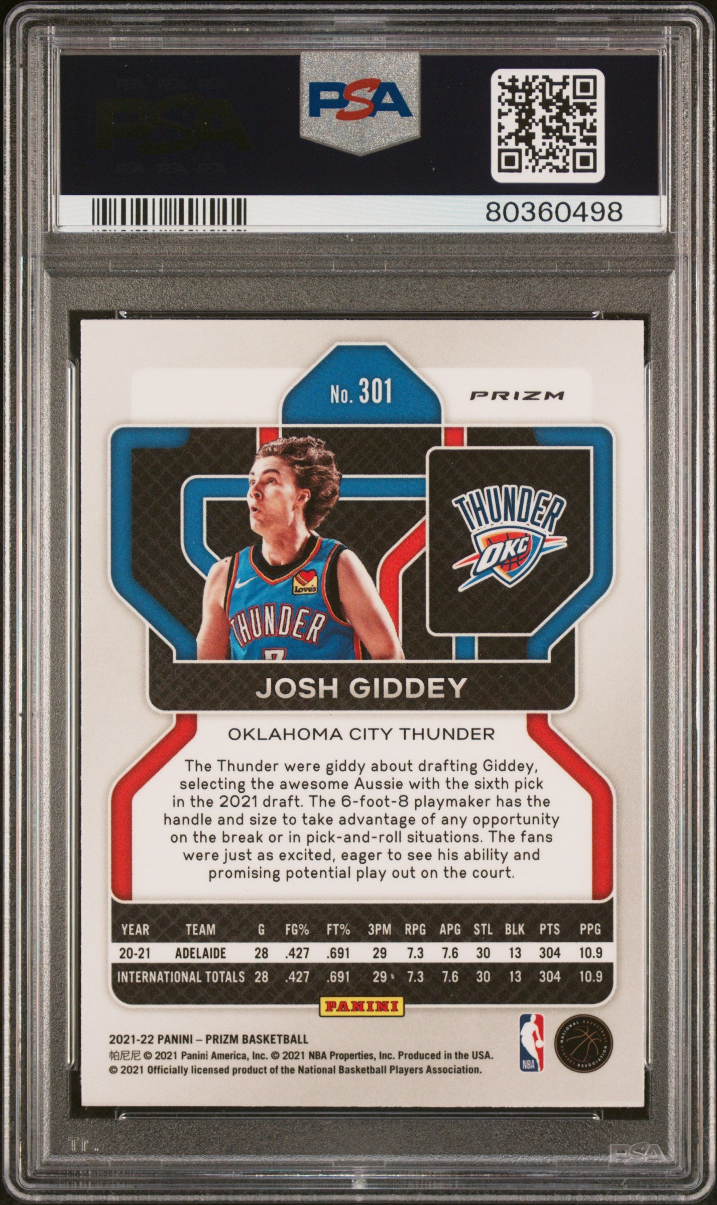 2021 Panini Prizm Josh Giddey #301 Silver Prizm PSA 10