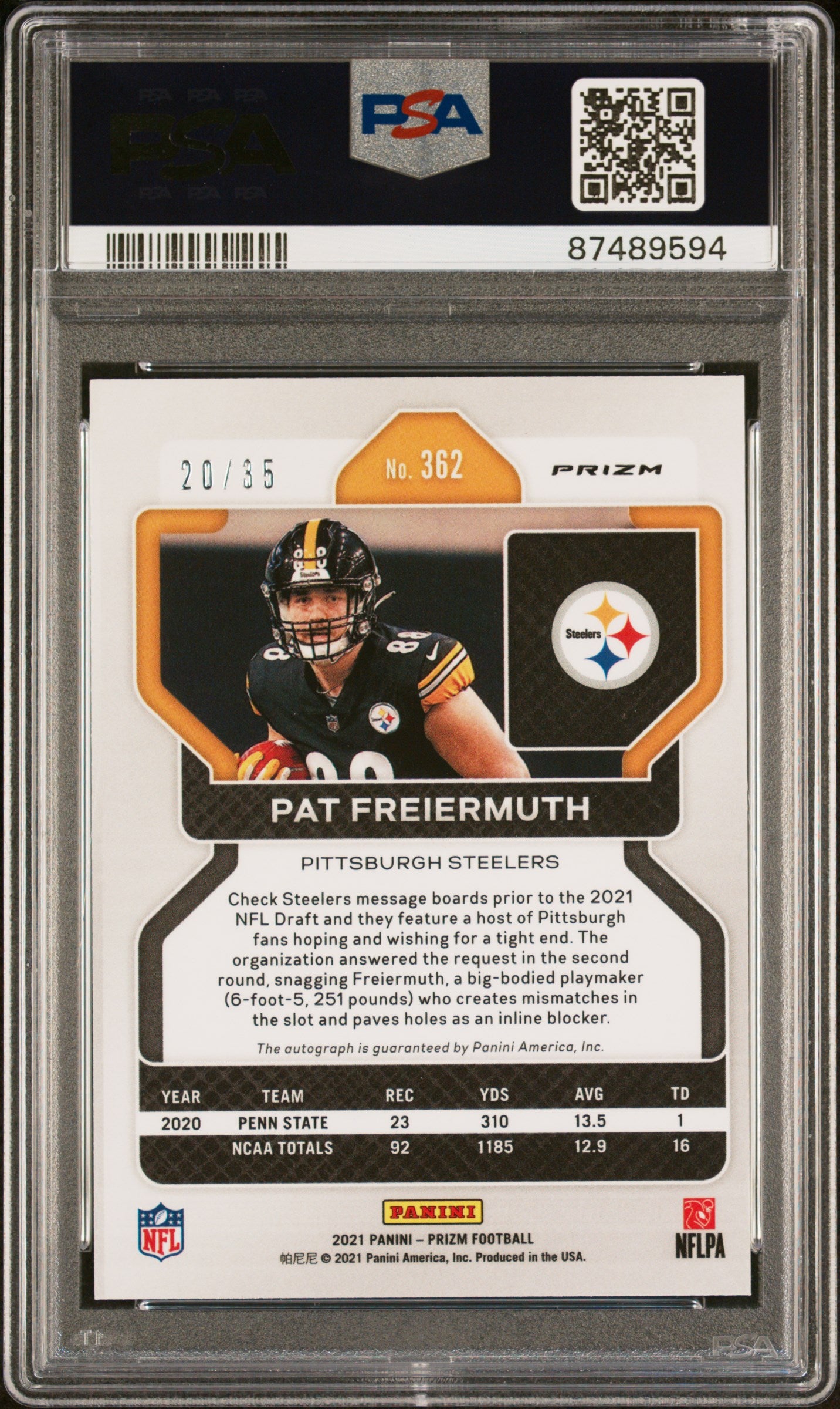 2021 Panini Prizm Pat Freiermuth #362 Autograph Red Shimmer /35 PSA 10