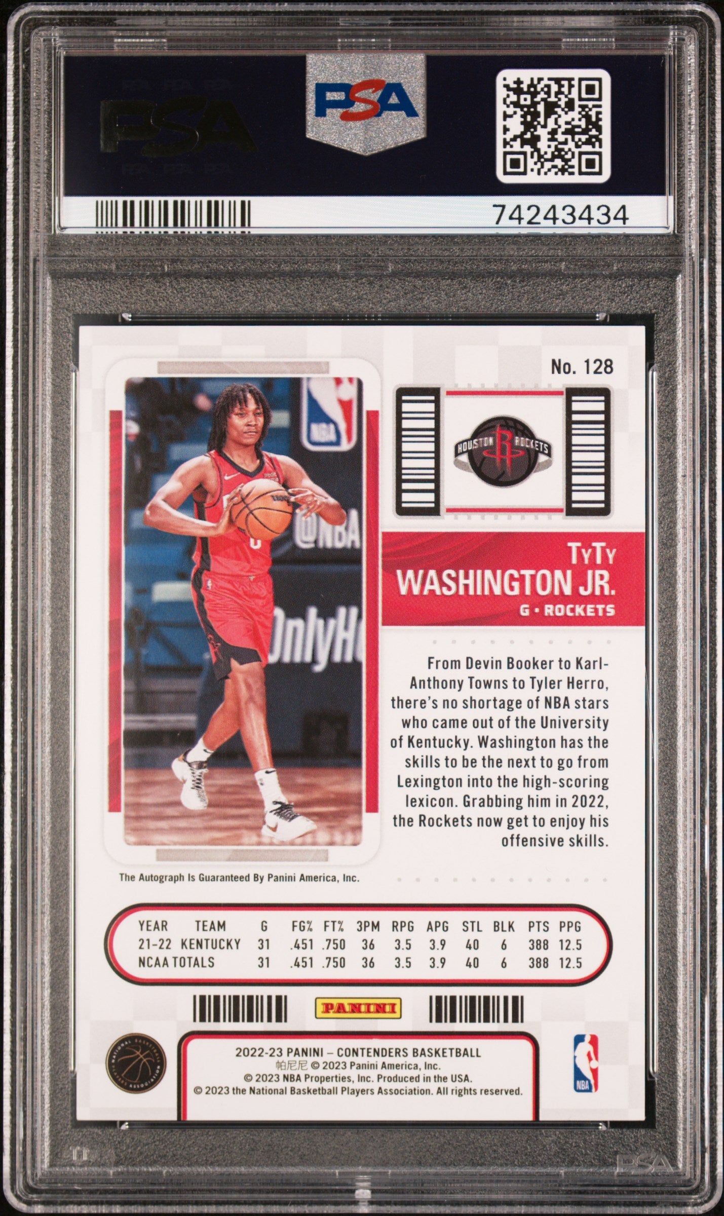 2022 Panini Contenders Tyty Washington JR. #128 Autograph Cracked Ice /25 PSA 9