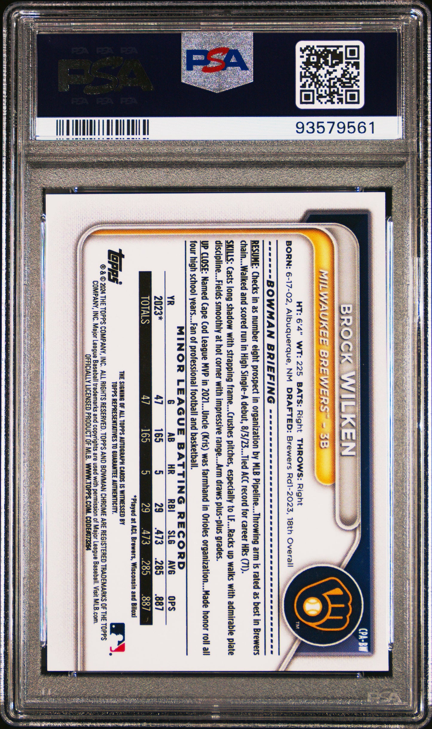 2024 Bowman Chrome Brock Wilken Prospect Autograph Mini Diamond /100 PSA 10