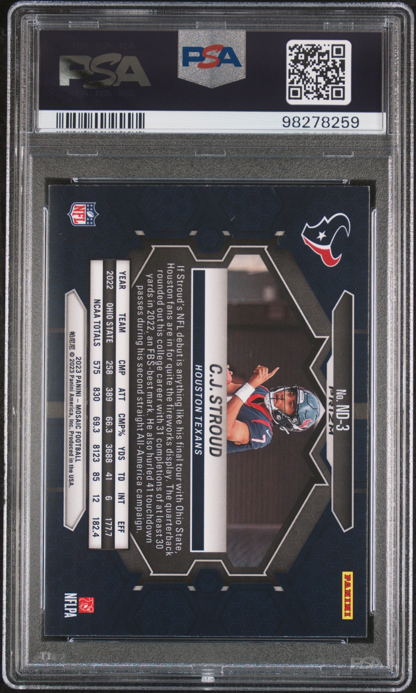 2023 Panini Mosaic CJ Stroud #ND3 NFL Debut Reactive Yellow Rookie PSA 9