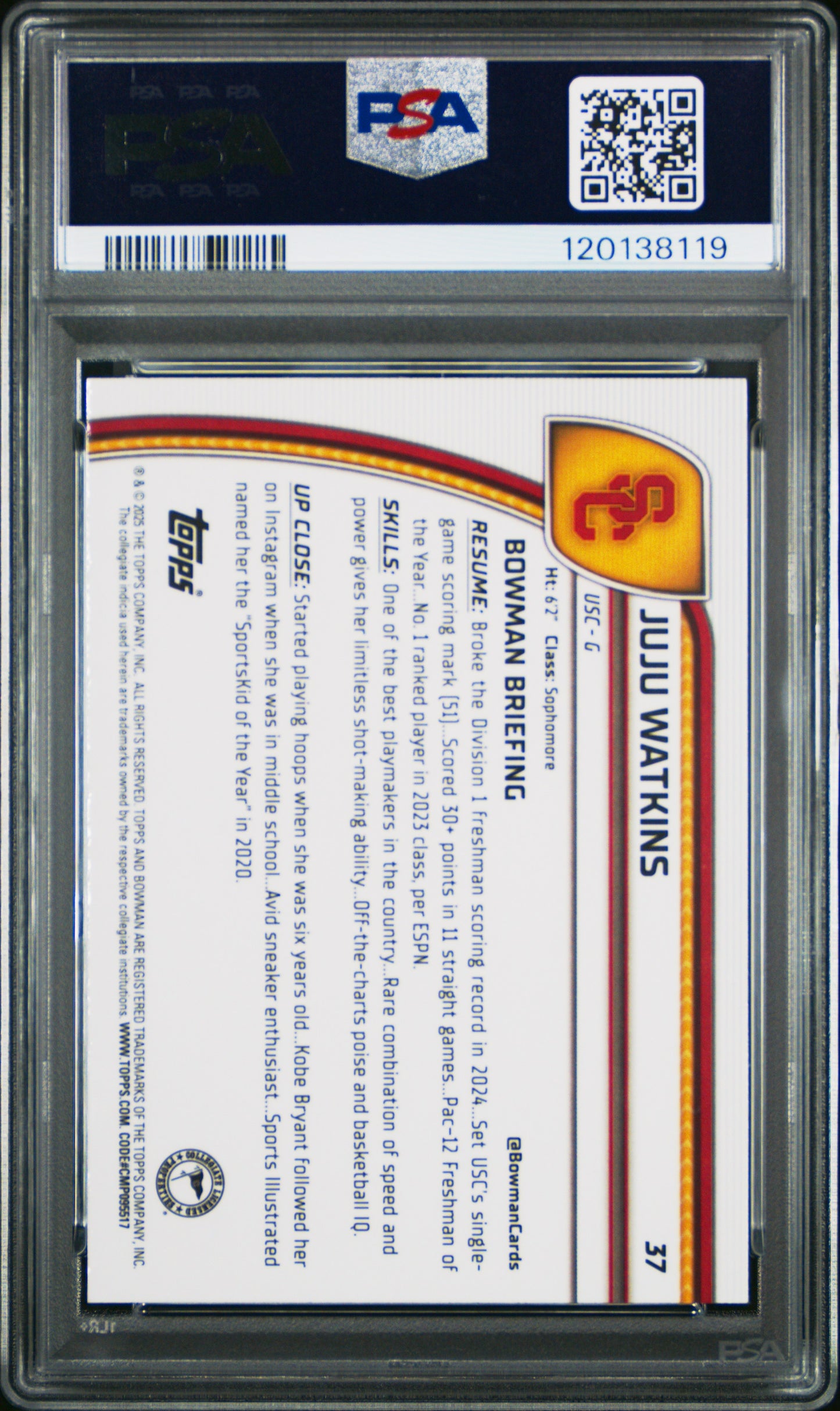 2024 Bowman University Chrome Sapphire Juju Watkins #37 Green 30/65 PSA 10