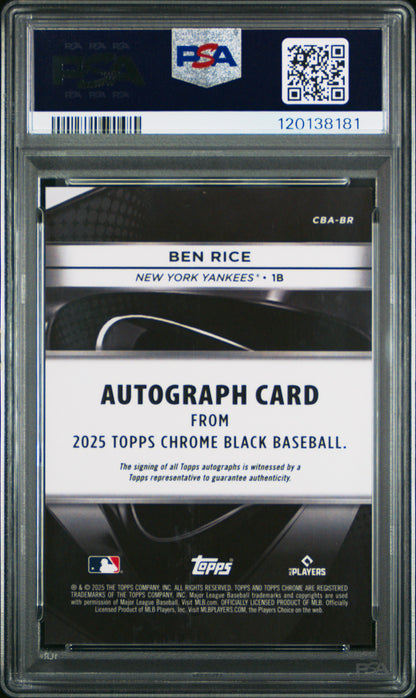 2025 Topps Chrome Black Auto Ben Rice #CBA-BR Blue RC Rookie 089/150 PSA 9
