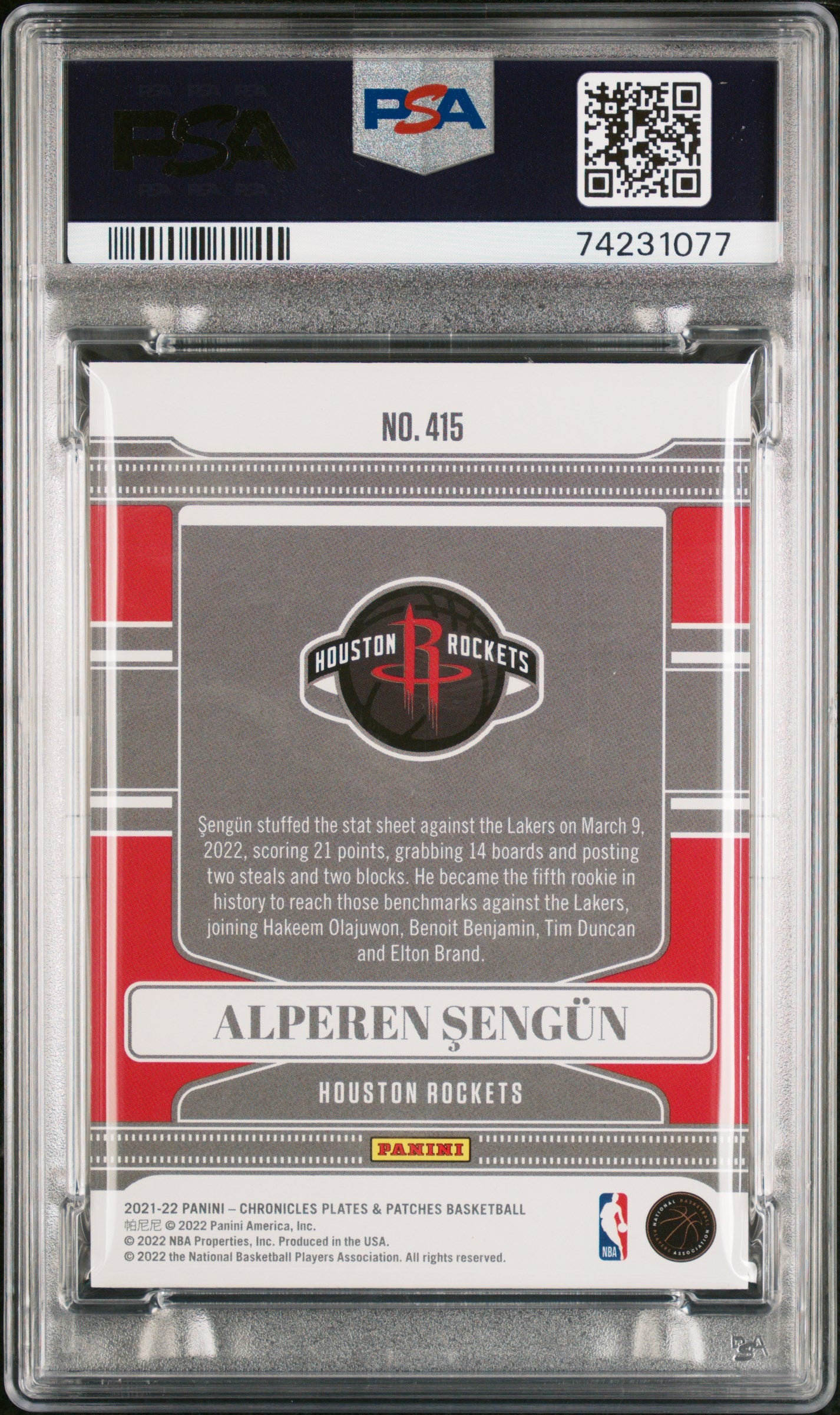 2021 Panini Chronicles Alperen Sengun #415 Plates & Patches /249 PSA 9