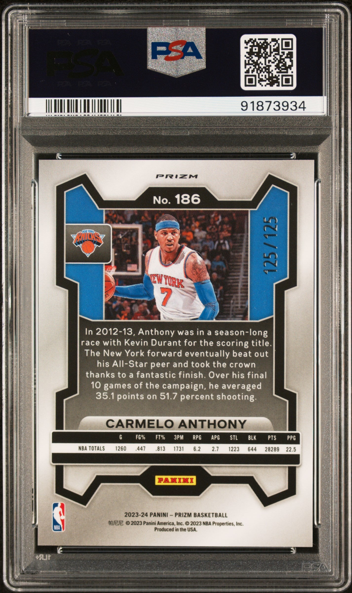 2023 Panini Prizm Carmelo Anthony #186 Blue Ice /125 PSA 9