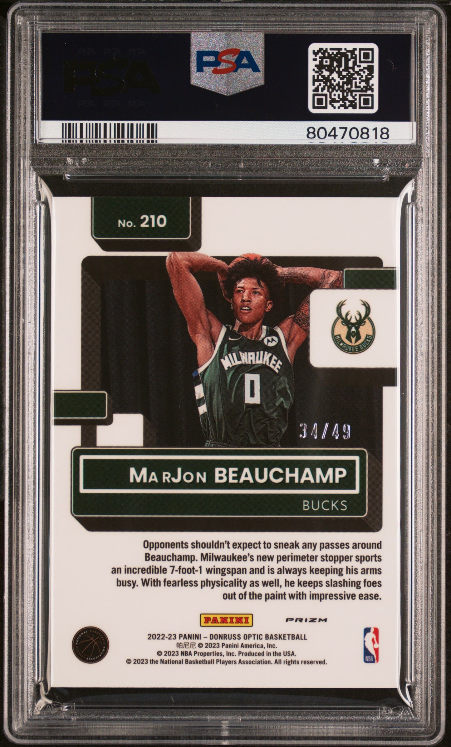 2022 Panini Donruss Optic Marjon Beauchamp #210 Fast Break Blue /49 PSA 10