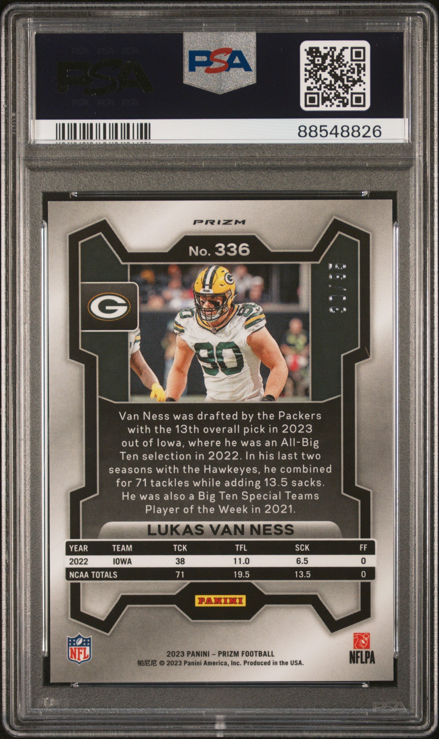 2023 Panini Prizm Lukas Van Ness #336 No Huddle Blue /95 PSA 10