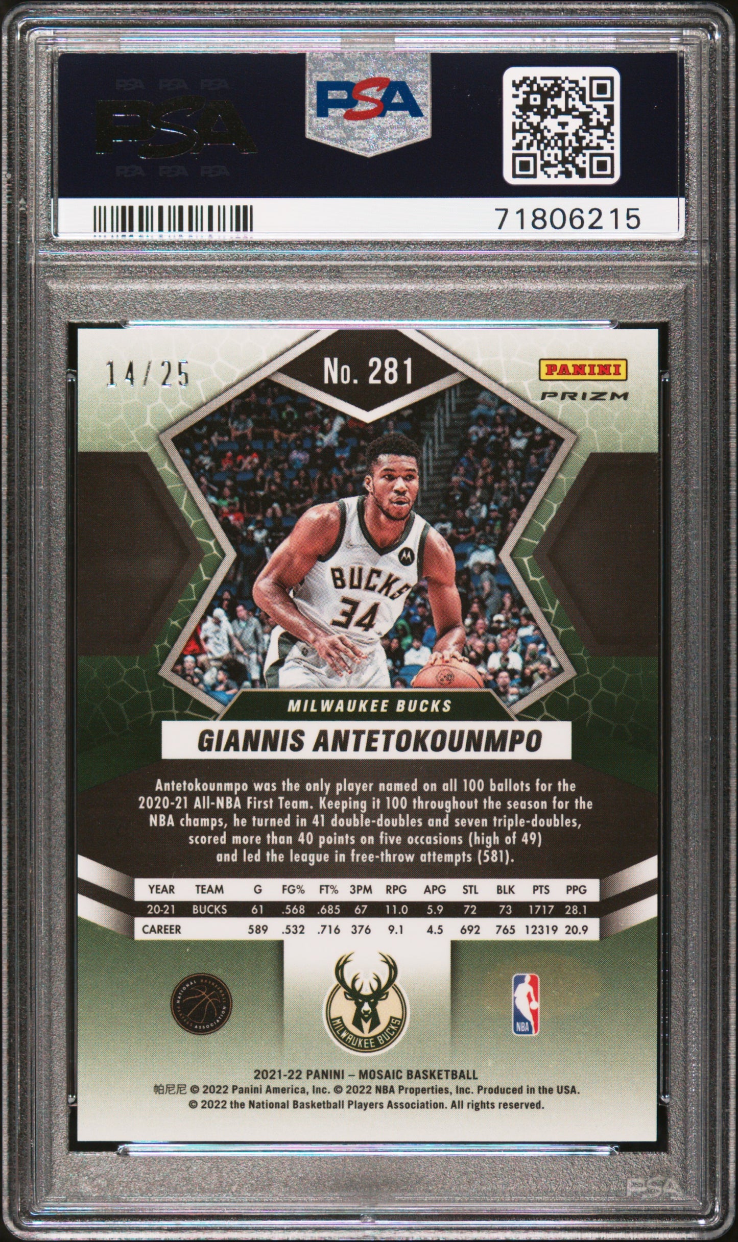 2021 Panini Mosaic G. Antetokounmpo #281 Orange Fluorescent /25 PSA 10