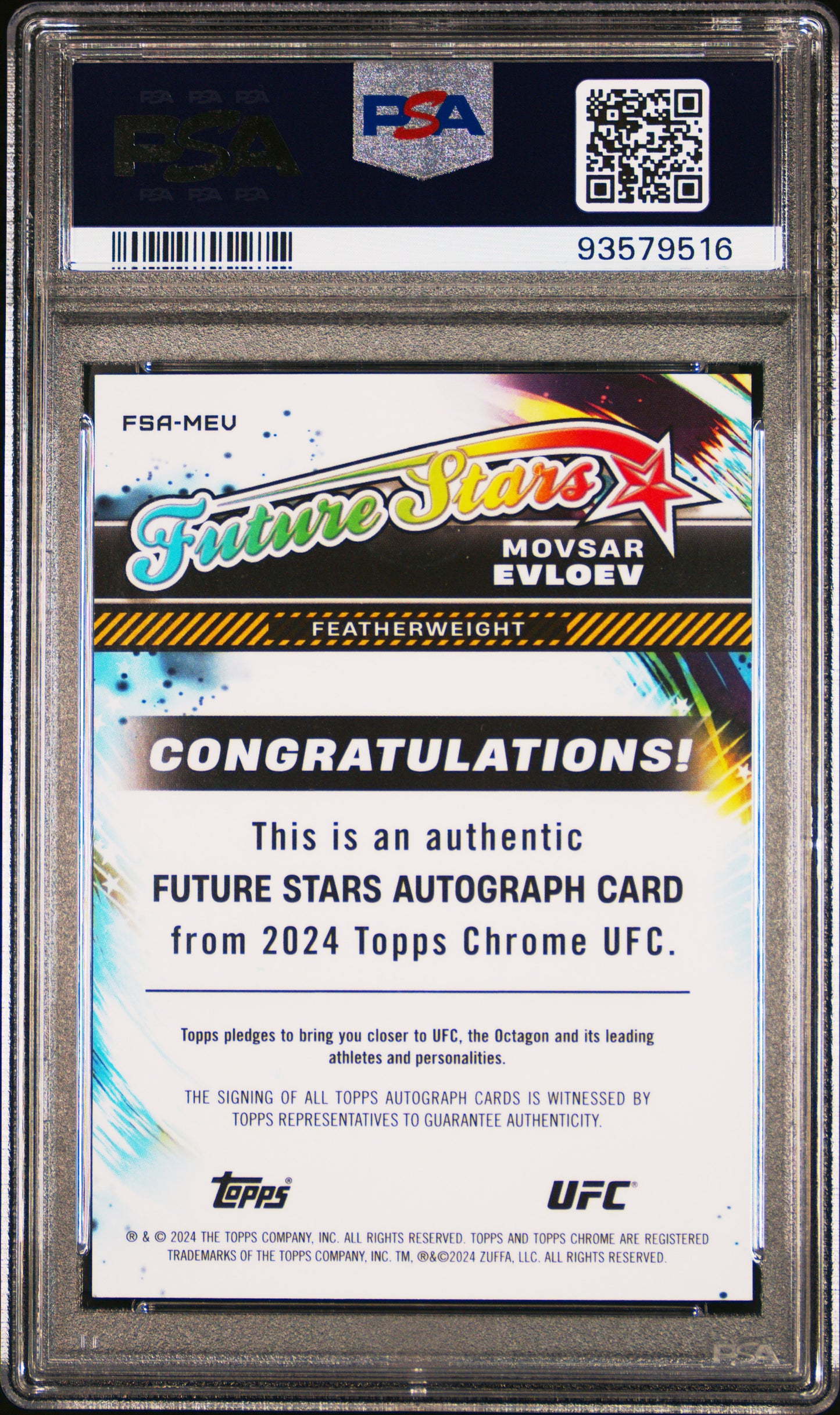 2024 Topps Chrome UFC Movsar Evloev Future Stars Autographs Black /10 PSA 10