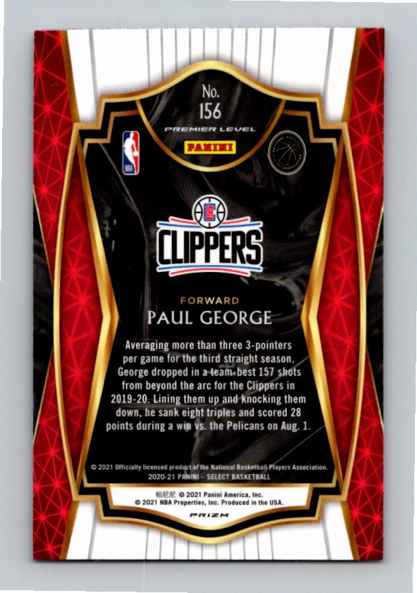 2021 Panini Select Paul George #156 Red/Orange Shimmer Premium Level