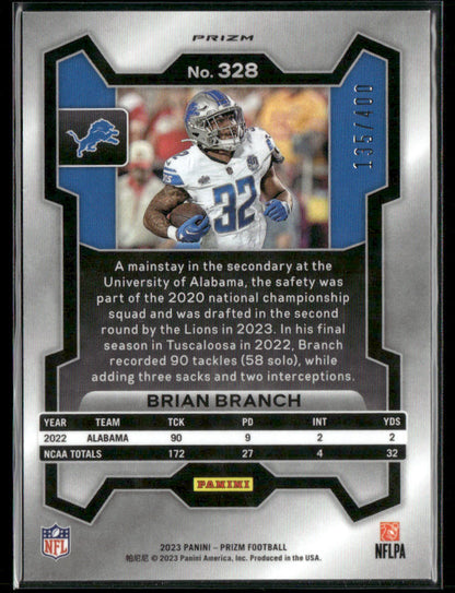 2023 Panini Prizm Brian Branch #328 Pandora Prizm RC /400