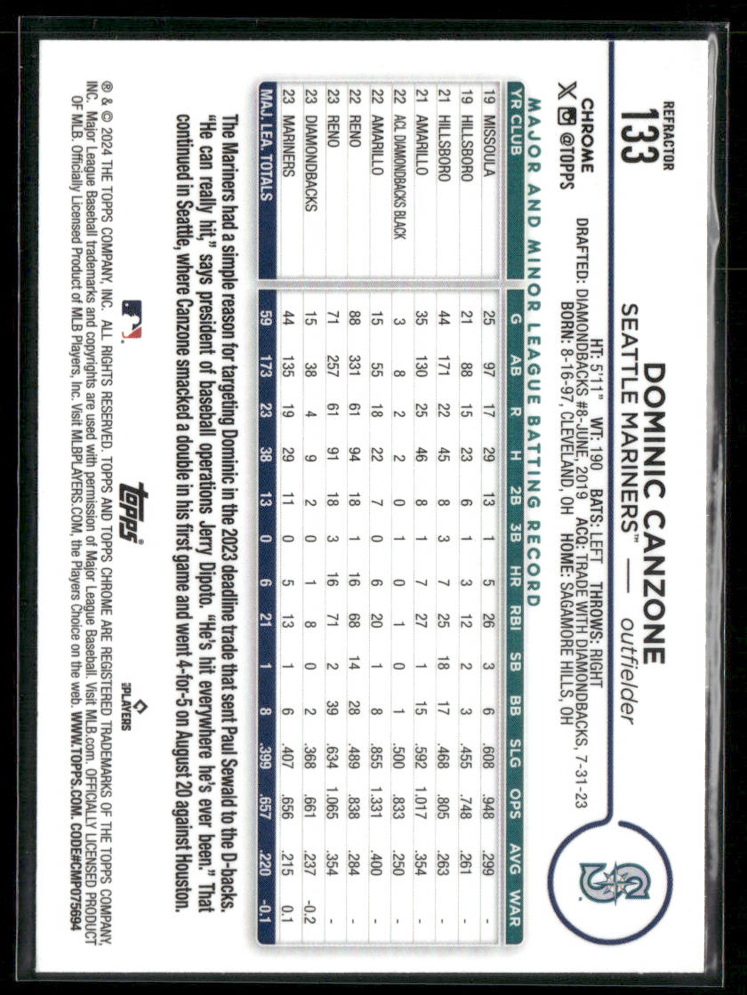 2024 Topps Chrome Dominic Canzone #133 Refractor Rookie