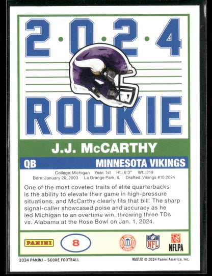 2024 Panini Score J.J. McCarthy #8 Rookie